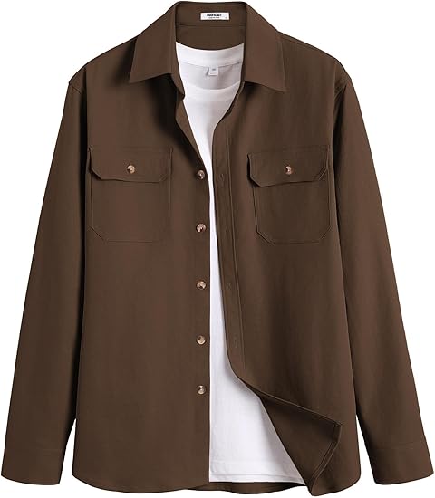 COOFANDY Men's Long Sleeve Button Up Shirt Jacket with Flap Pockets
