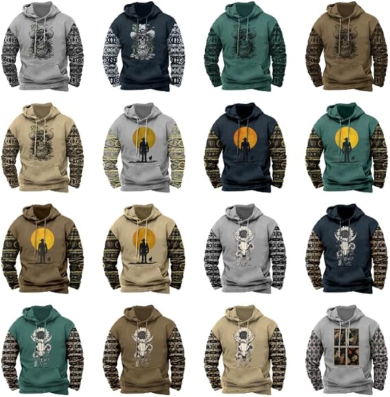 domirica Mens Aztec Cowboy Western Outfits Oversized Tribal Pullover Hoodie Ethnic Graphic Drawstring Hooded Sweatshirt