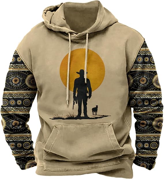 domirica Mens Aztec Cowboy Western Outfits Oversized Tribal Pullover Hoodie Ethnic Graphic Drawstring Hooded Sweatshirt