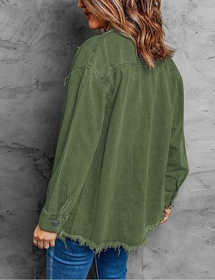Vetinee Women’s Oversized Button Up Frayed Hem Shacket Long Sleeve Pockets Denim Jean Jacket