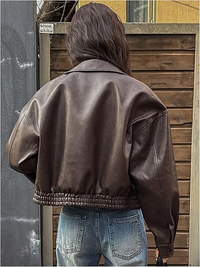 Milumia Women's Faux Leather Zip Up Jacket Vintage Collared Long Sleeve Motorcycle Jackets
