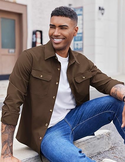 COOFANDY Men's Long Sleeve Button Up Shirt Jacket with Flap Pockets