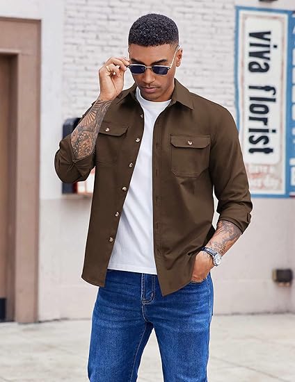 COOFANDY Men's Long Sleeve Button Up Shirt Jacket with Flap Pockets