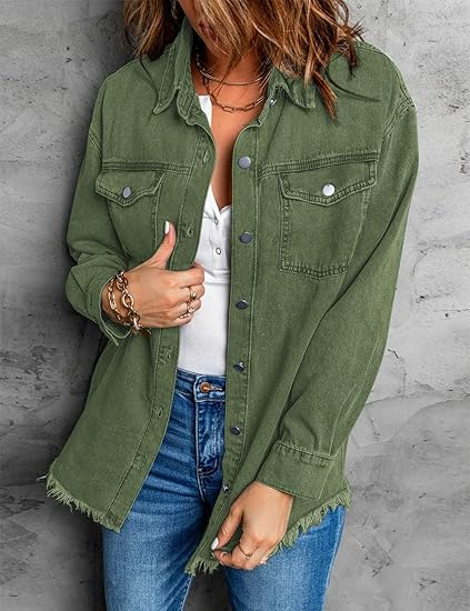 Vetinee Women’s Oversized Button Up Frayed Hem Shacket Long Sleeve Pockets Denim Jean Jacket