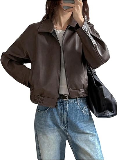 Milumia Women's Faux Leather Zip Up Jacket Vintage Collared Long Sleeve Motorcycle Jackets