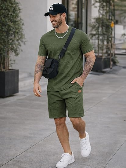 JMIERR Men's 2 Piece Outfit Anti-wrinkle T Shirts and Shorts Summer Beach Vacation Lounge Workout Pajamas Short Sleeve Sets