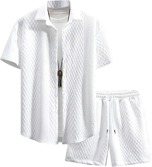 GORGLITTER Men's 2 Piece Outfits Waffle Knit Button Down Shirt Top and Shorts Set