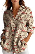 Womens Long Sleeve Mushroom Print Button Down Shirt Relaxed Fit Casual Blouse with Pockets Boho Top