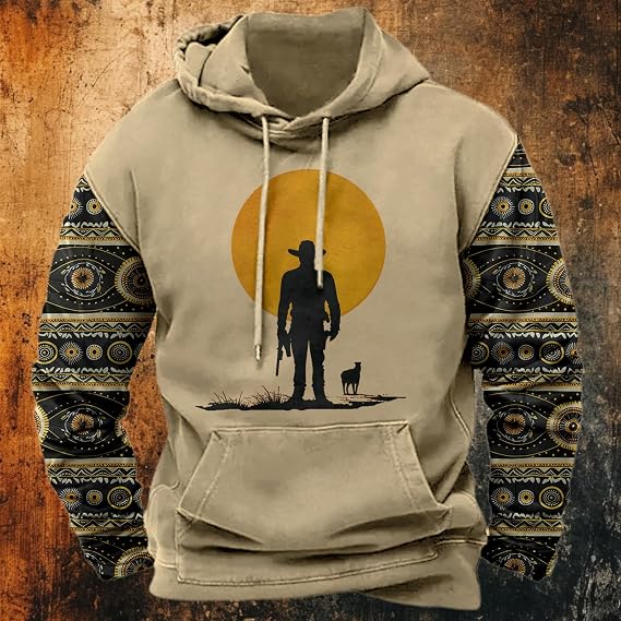 domirica Mens Aztec Cowboy Western Outfits Oversized Tribal Pullover Hoodie Ethnic Graphic Drawstring Hooded Sweatshirt