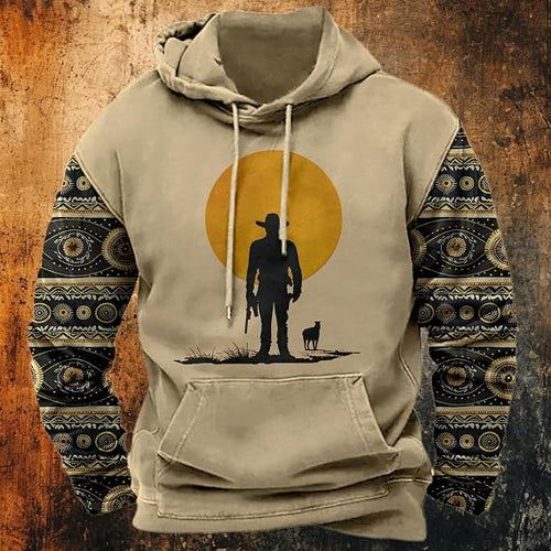 domirica Mens Aztec Cowboy Western Outfits Oversized Tribal Pullover Hoodie Ethnic Graphic Drawstring Hooded Sweatshirt