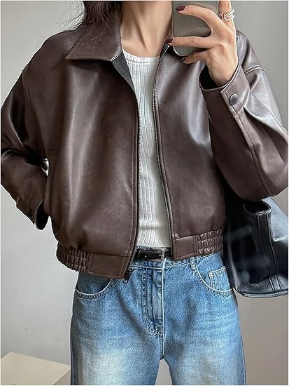 Milumia Women's Faux Leather Zip Up Jacket Vintage Collared Long Sleeve Motorcycle Jackets