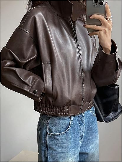 Milumia Women's Faux Leather Zip Up Jacket Vintage Collared Long Sleeve Motorcycle Jackets