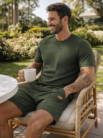JMIERR Men's 2 Piece Outfit Anti-wrinkle T Shirts and Shorts Summer Beach Vacation Lounge Workout Pajamas Short Sleeve Sets