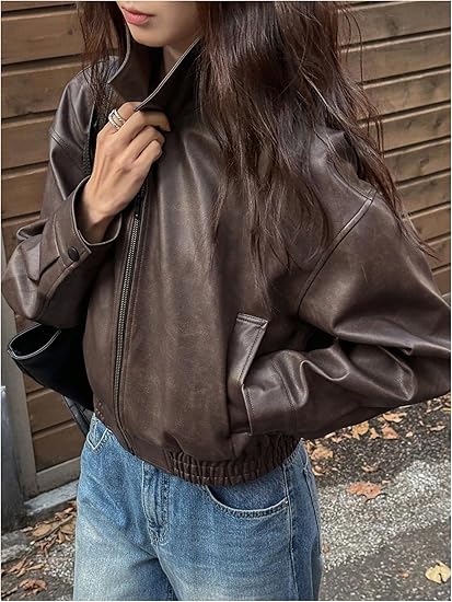 Milumia Women's Faux Leather Zip Up Jacket Vintage Collared Long Sleeve Motorcycle Jackets