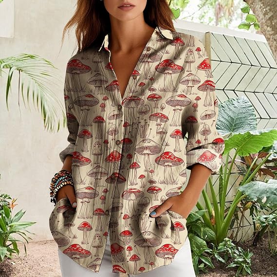Womens Long Sleeve Mushroom Print Button Down Shirt Relaxed Fit Casual Blouse with Pockets Boho Top